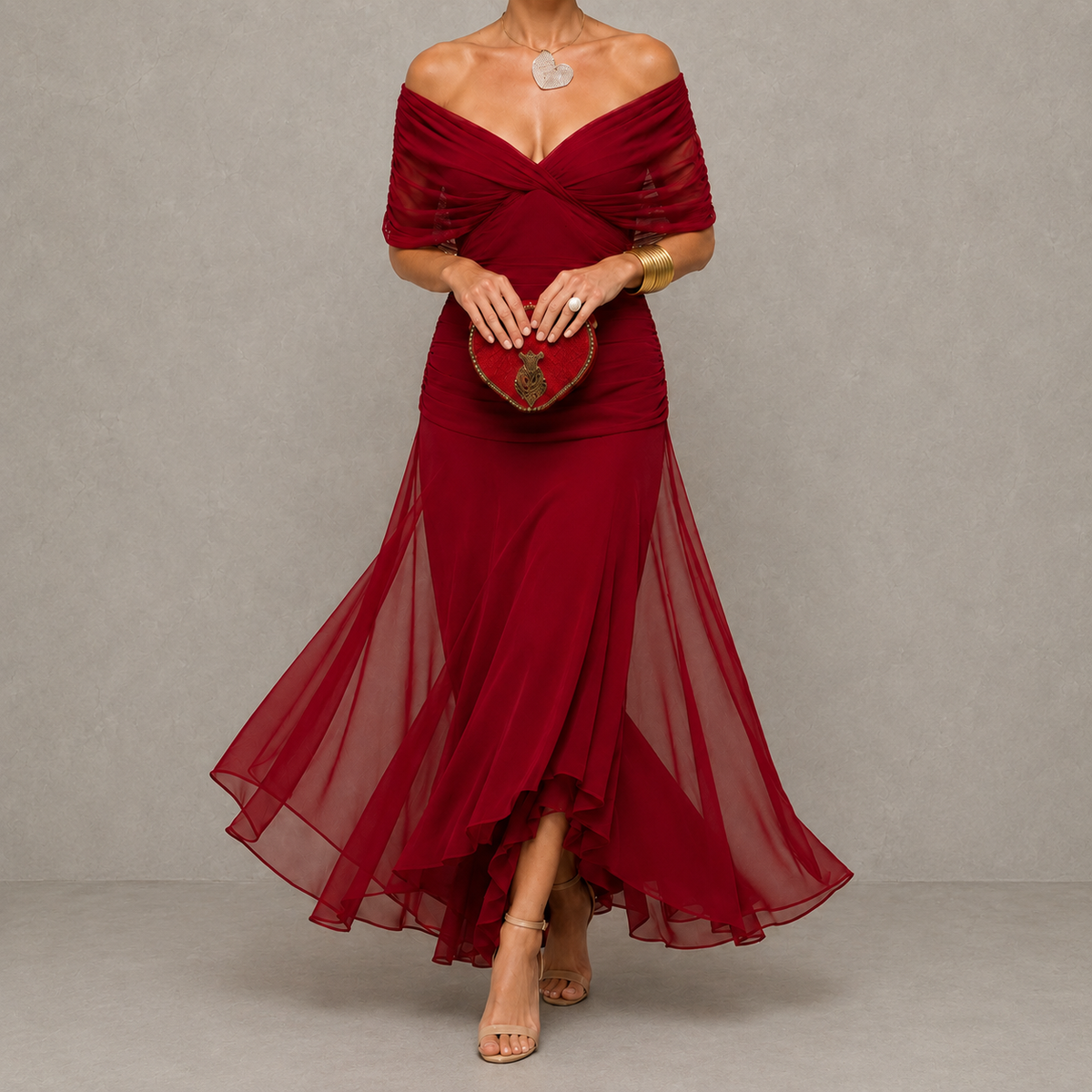 Emiliana – abito lungo in chiffon bordeaux, vista frontale