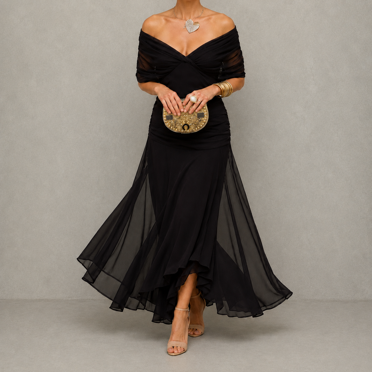 Emiliana – abito lungo in chiffon nero, vista frontale