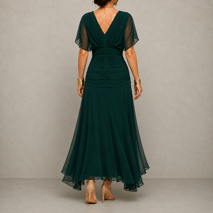 Emiliana – abito lungo in chiffon verde scuro, vista posteriore