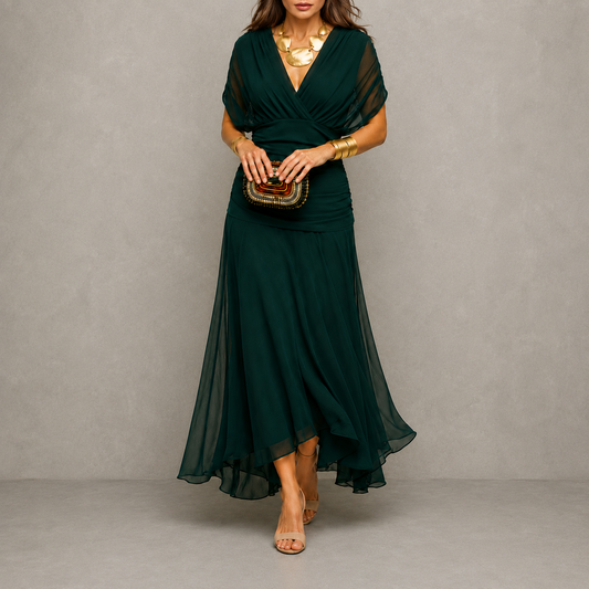 Emiliana – abito lungo in chiffon verde scuro, vista frontale