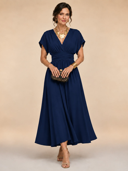 Marianna, abito midi a portafoglio con maniche a pipistrello, blu navy