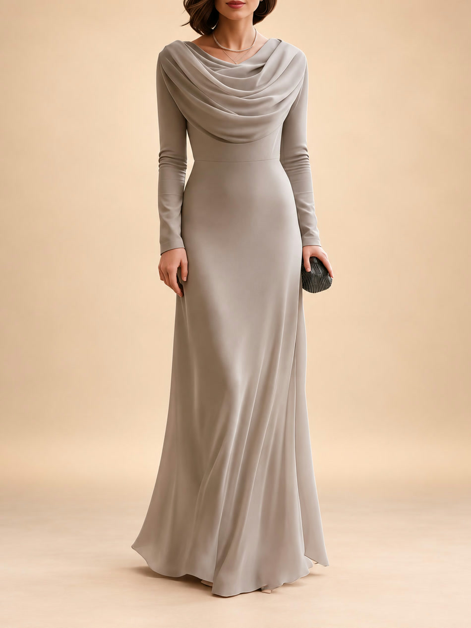 Romilda, abito lungo con scollo drappeggiato a cascata e maniche lunghe, beige grigio