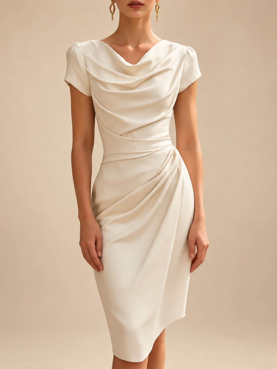 Rosalinda, abito midi con scollo a cascata e drappeggio sul fianco, beige