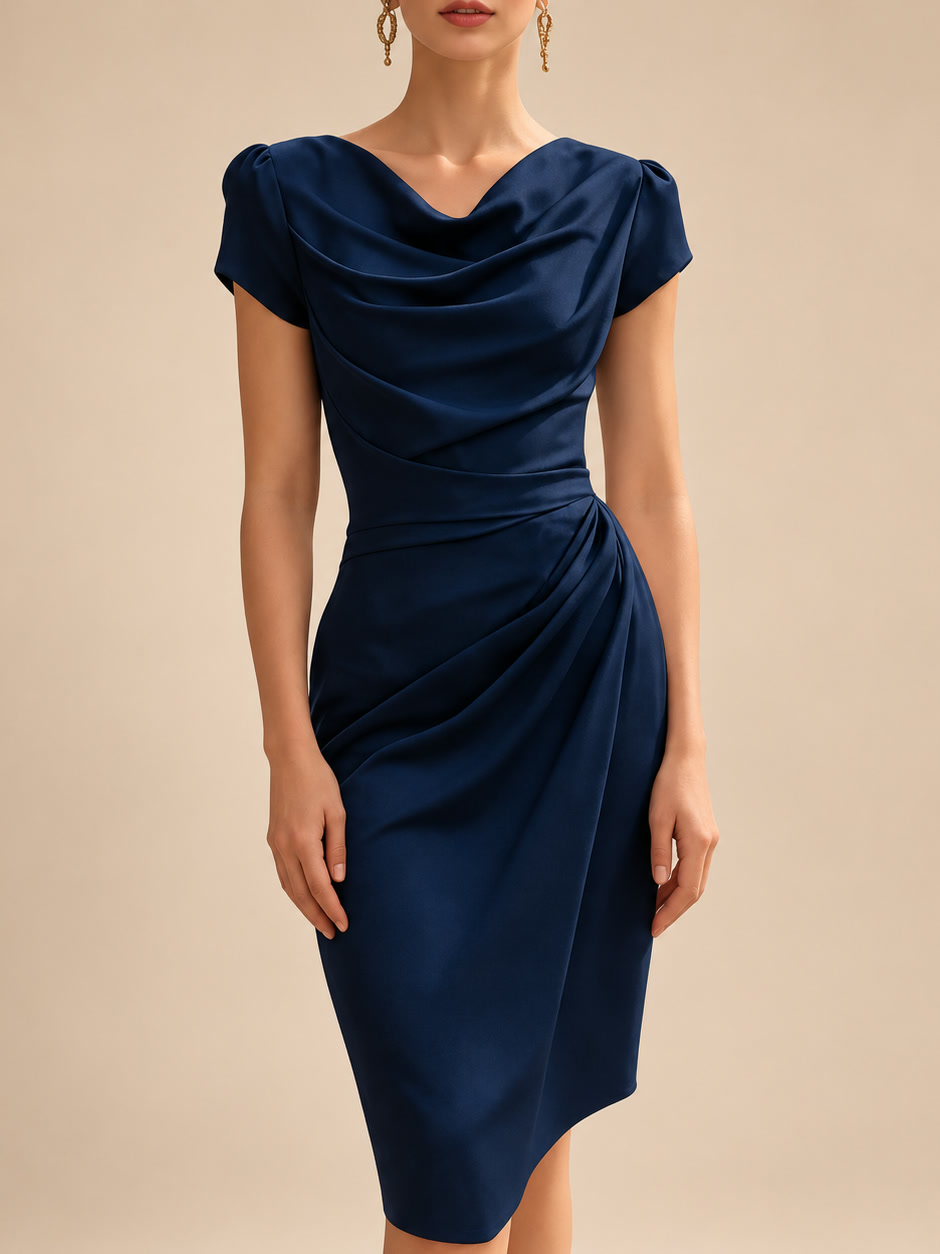 Rosalinda, abito midi con scollo a cascata e drappeggio sul fianco, blu navy