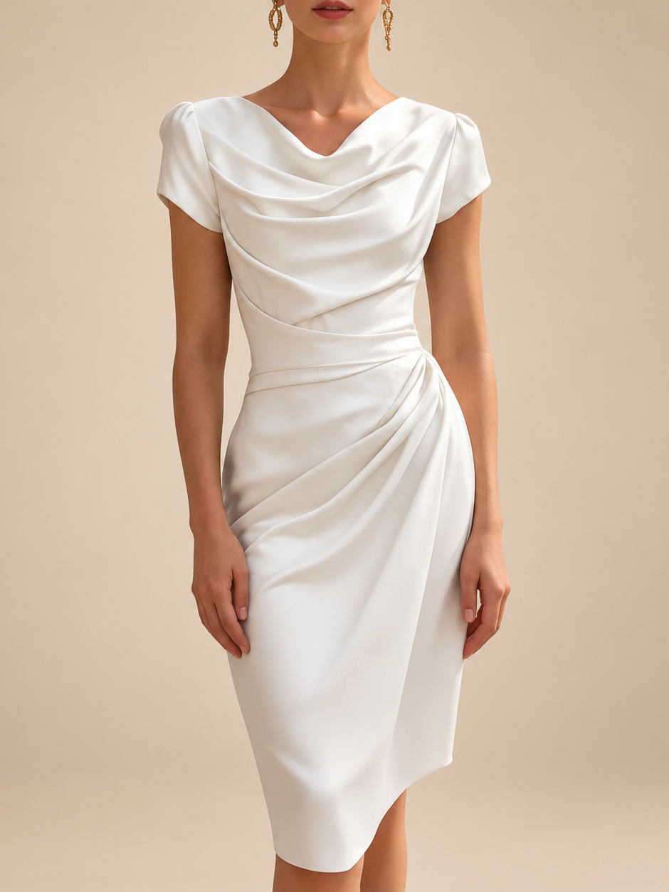 Rosalinda, abito midi con scollo a cascata e drappeggio sul fianco, bianco