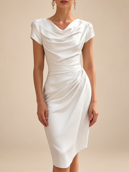 Rosalinda, abito midi con scollo a cascata e drappeggio sul fianco, bianco