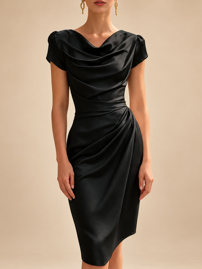 Rosalinda, abito midi con scollo a cascata e drappeggio sul fianco, nero