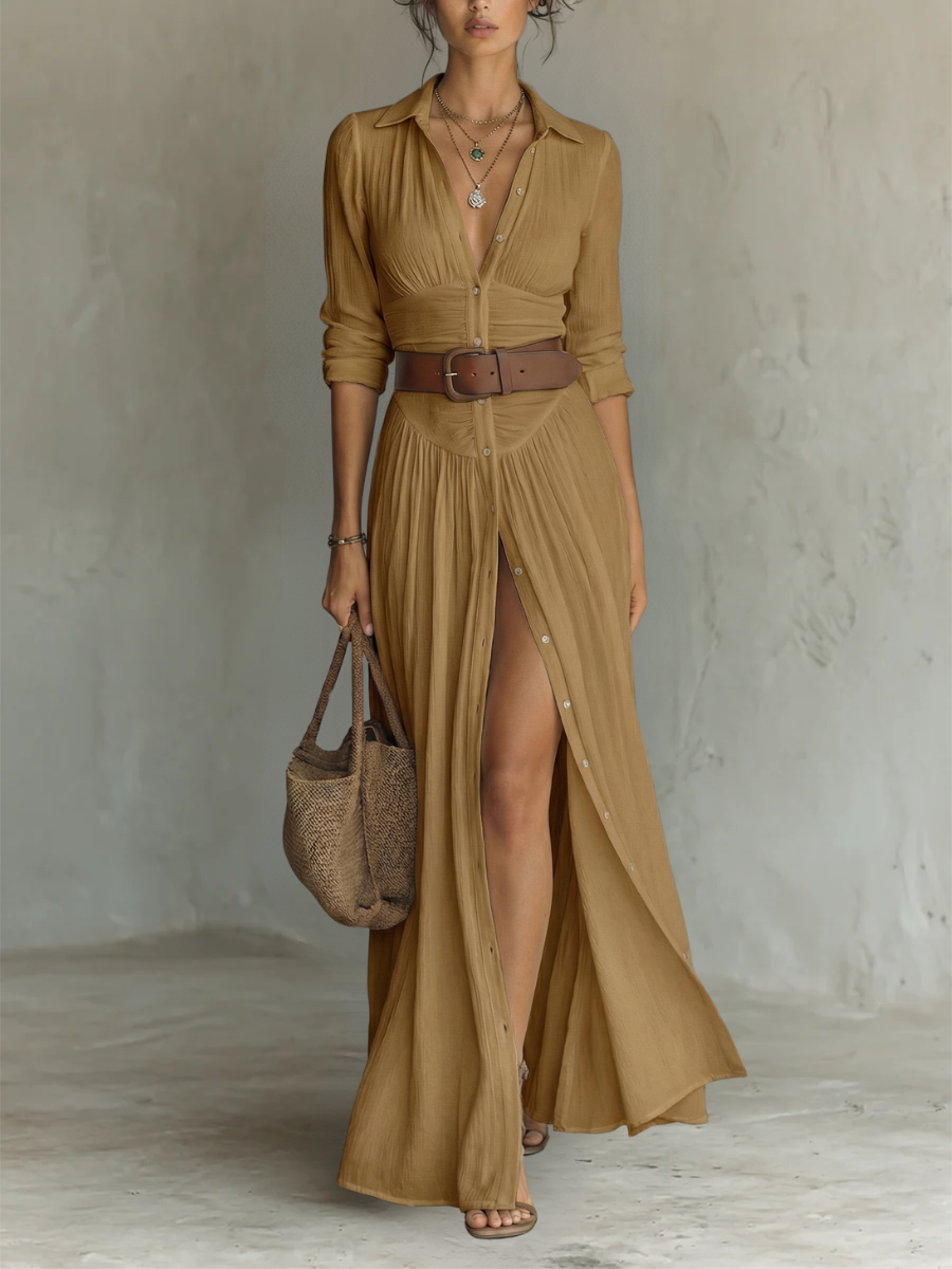 Valeriana – abito maxi stile camicia cammello, frontale