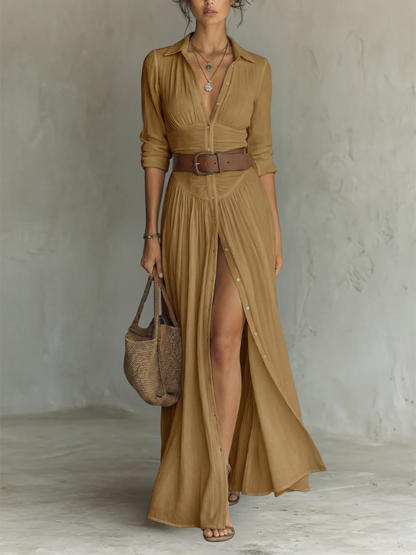 Valeriana – abito maxi stile camicia cammello, frontale