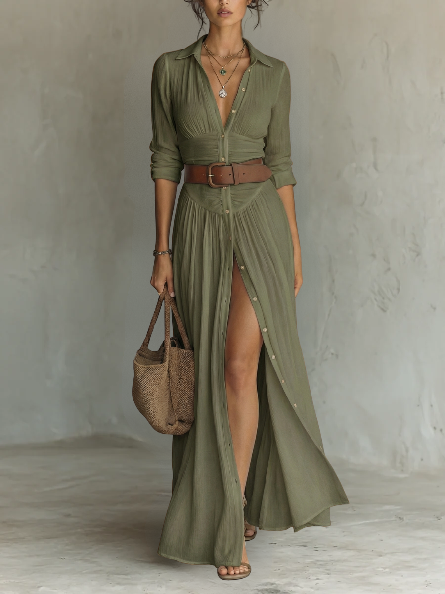 Valeriana – abito maxi stile camicia verde oliva, frontale
