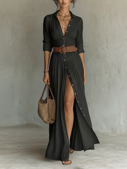 Valeriana – abito maxi stile camicia nero, frontale