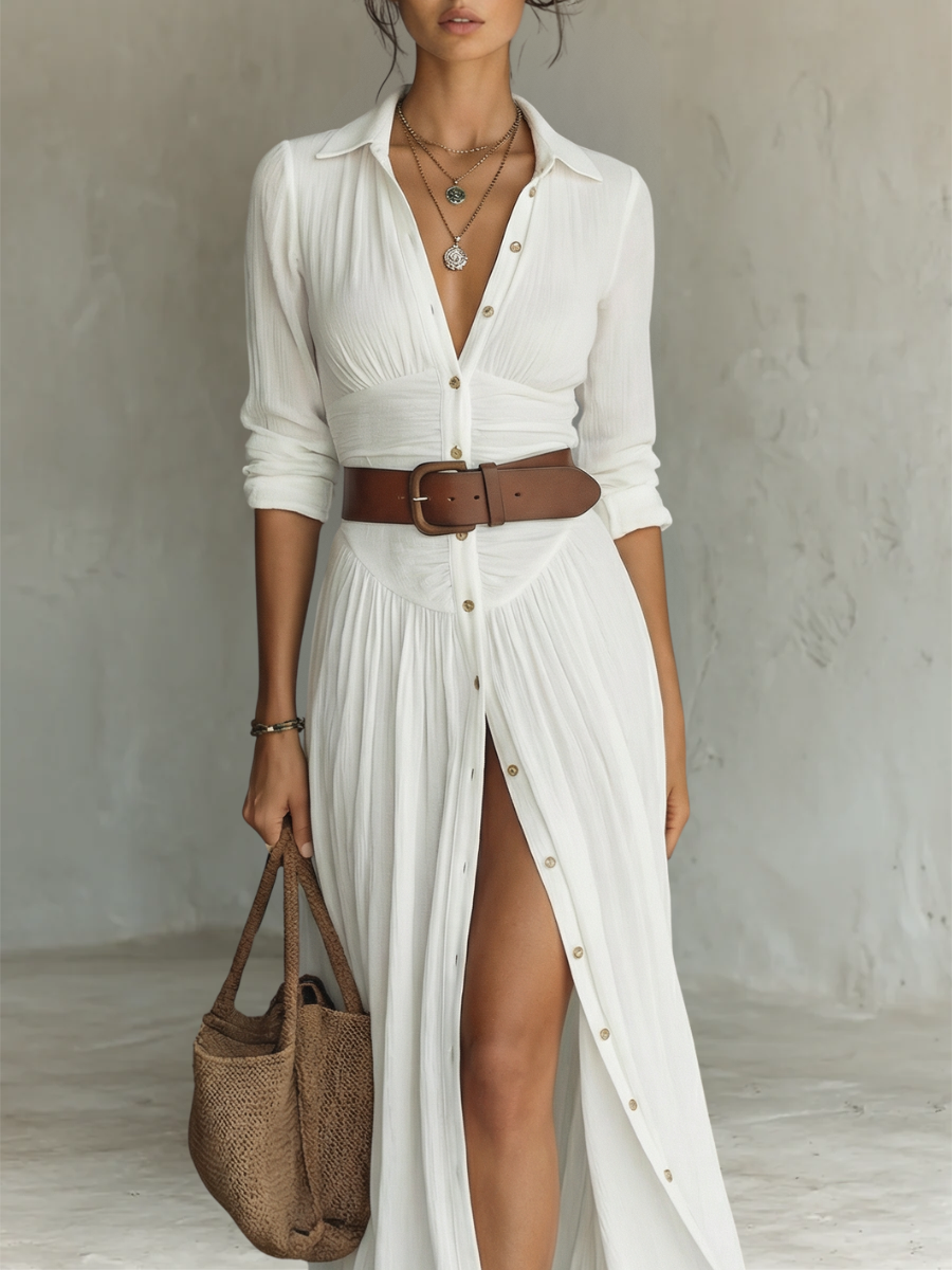 Valeriana – abito maxi stile camicia bianco, dettaglio scollo, maniche e vita