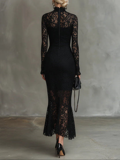 Ermelinda | Abito Maxi in Pizzo con Orlo a Sirena, Nero