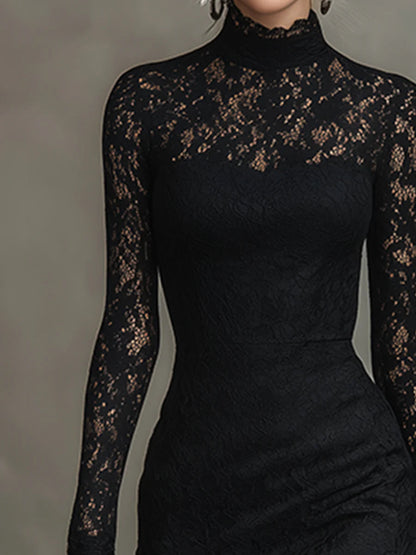 Ermelinda | Abito Maxi in Pizzo con Orlo a Sirena, Nero