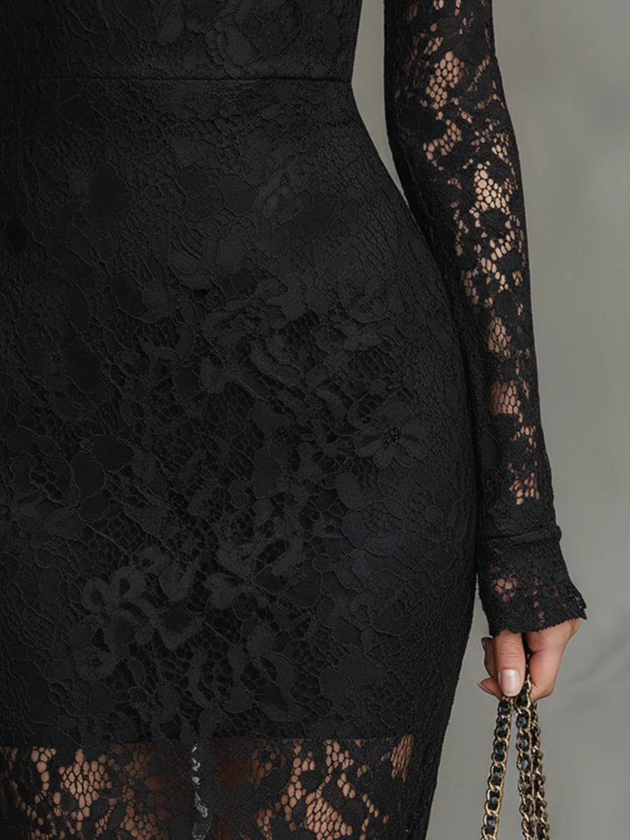 Ermelinda | Abito Maxi in Pizzo con Orlo a Sirena, Nero