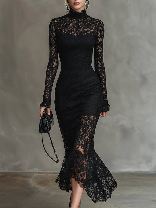 Ermelinda | Abito Maxi in Pizzo con Orlo a Sirena, Nero