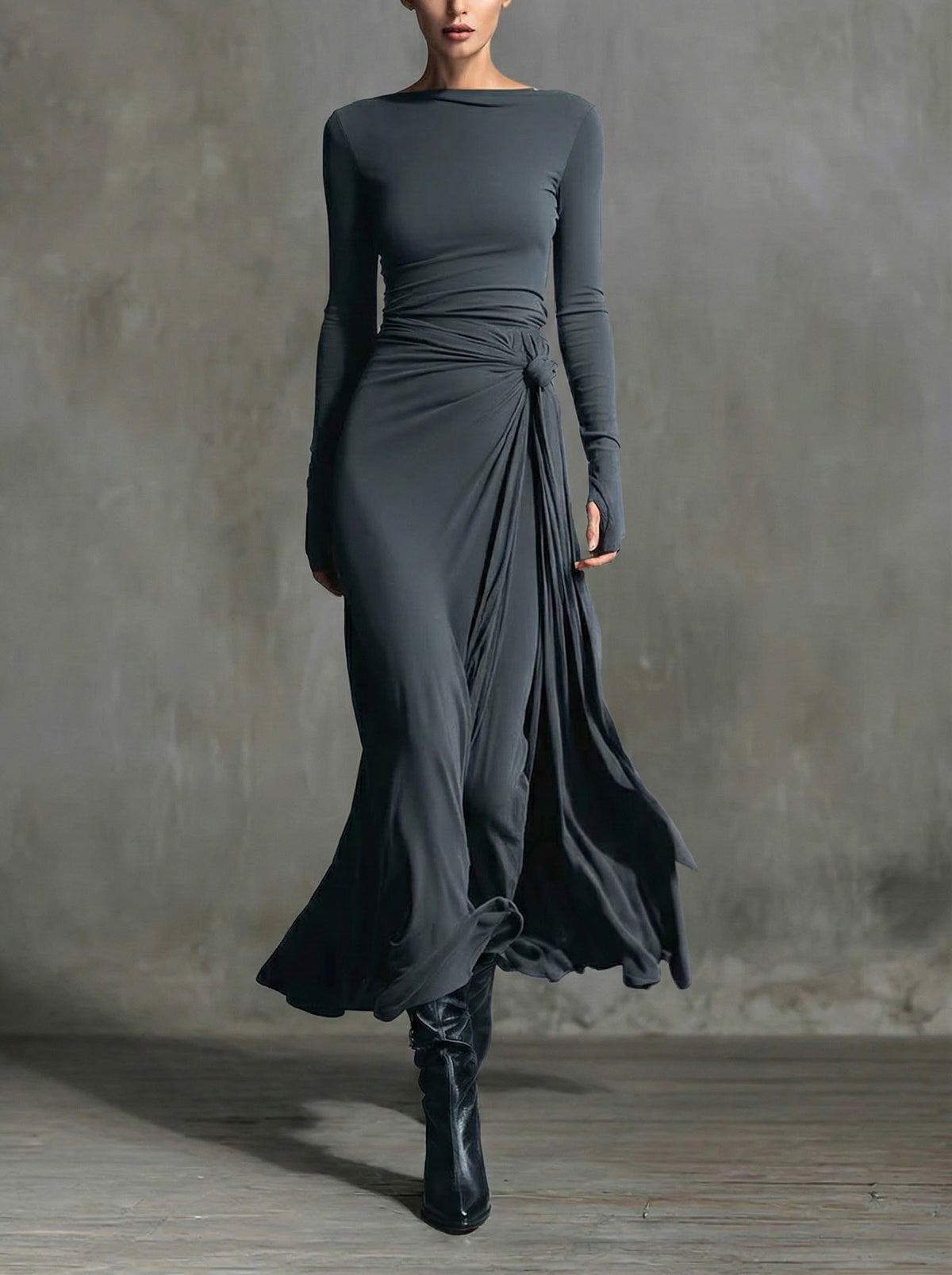 Daniella – abito maxi grigio scuro, vista frontale