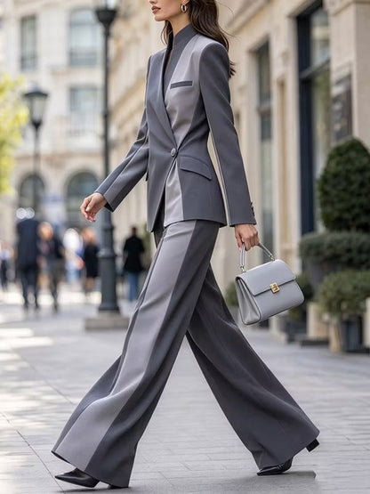 Blazer Strutturato con Pannello a Contrasto Asimmetrico & Set di Pantaloni a Gamba Larga