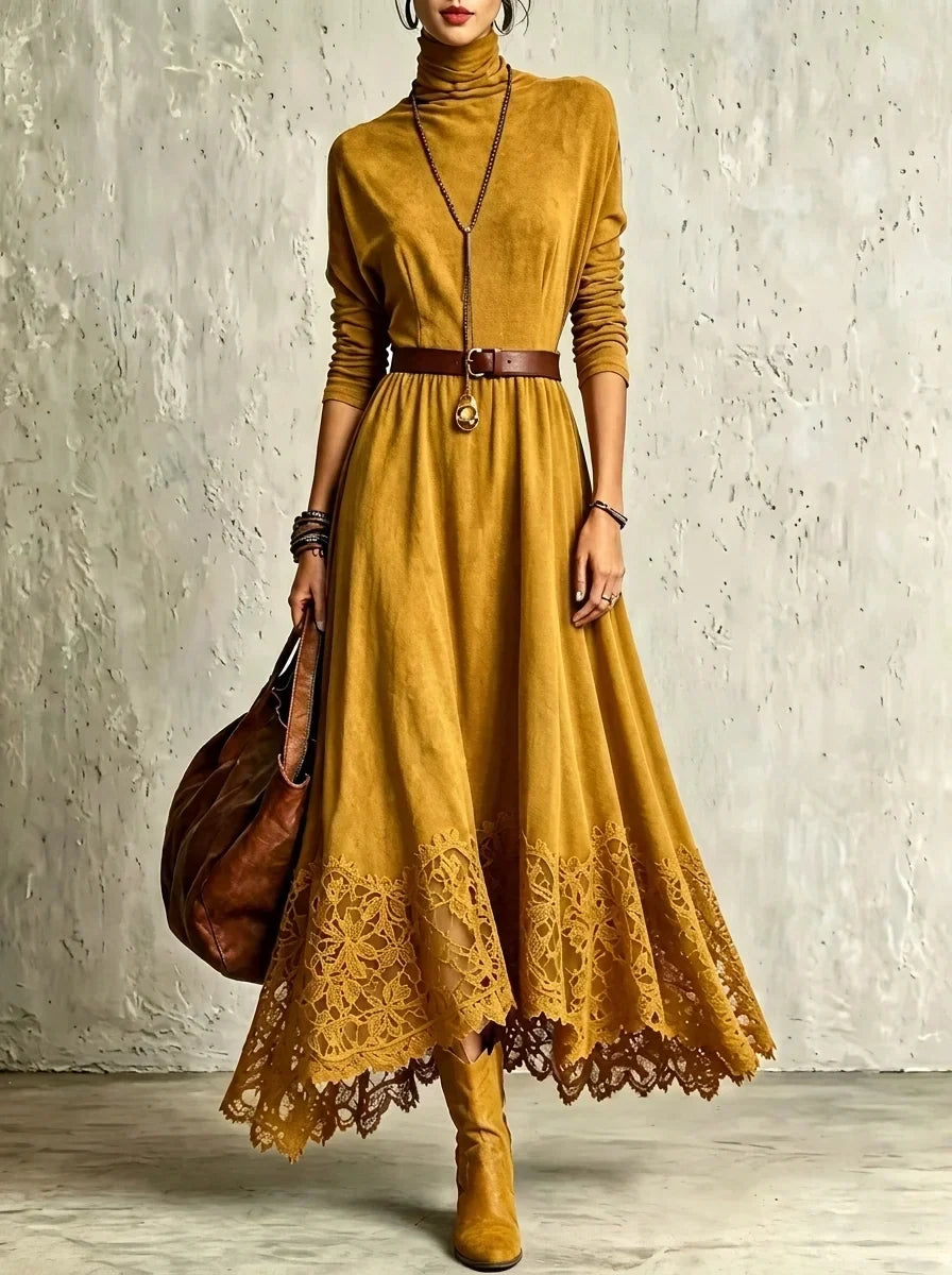 Bérengère | Abito Lungo Effetto Suede con Orlo in Pizzo