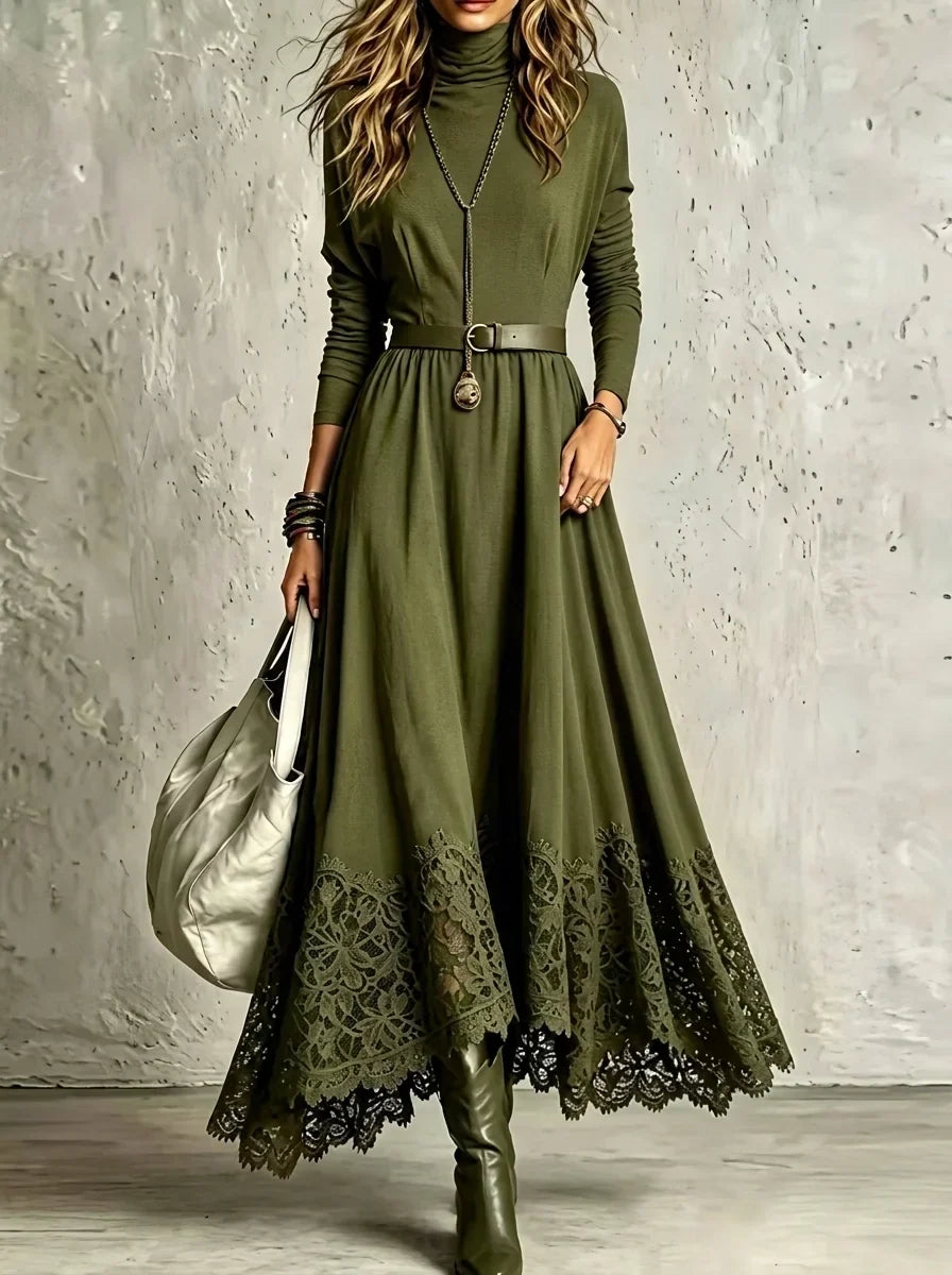 Bérengère | Abito Lungo Effetto Suede con Orlo in Pizzo