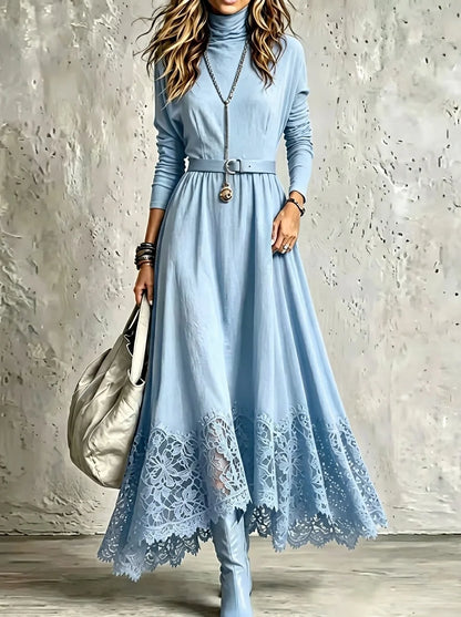 Bérengère | Abito Lungo Effetto Suede con Orlo in Pizzo