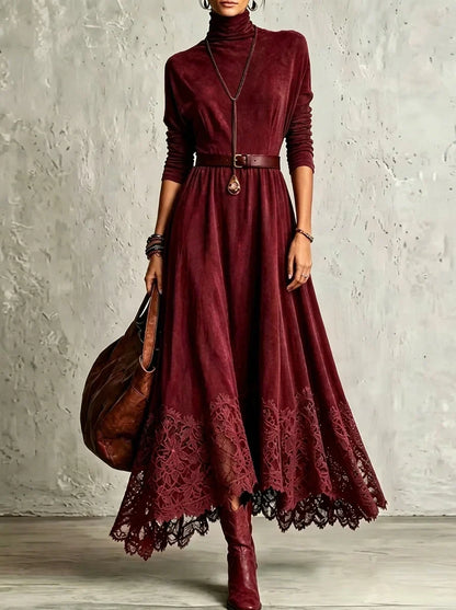 Bérengère | Abito Lungo Effetto Suede con Orlo in Pizzo