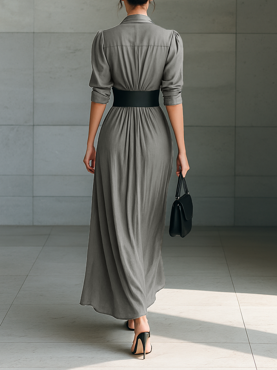 Zefirina | Abito Lungo a Camicia con Cintura Larga, Grigio