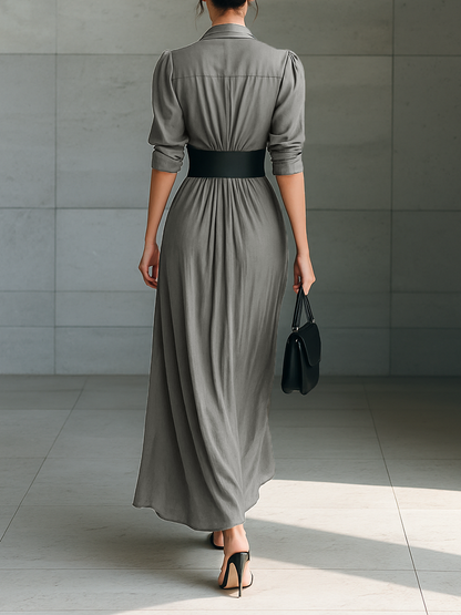 Zefirina | Abito Lungo a Camicia con Cintura Larga, Grigio