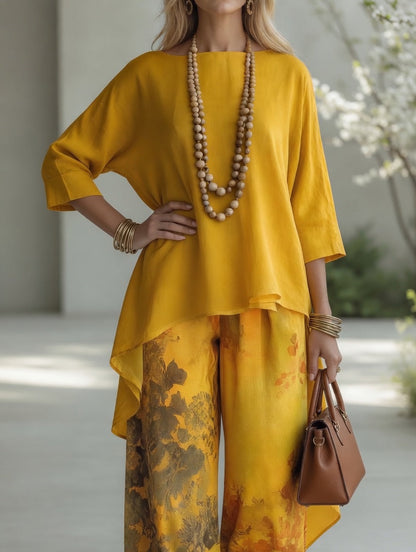 Ileana, completo tunica asimmetrica e pantalone ampio a fiori acquerello, giallo senape