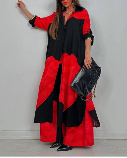 Umberta | completo camicia lunga e pantalone a blocchi di colore, Nero e Rosso