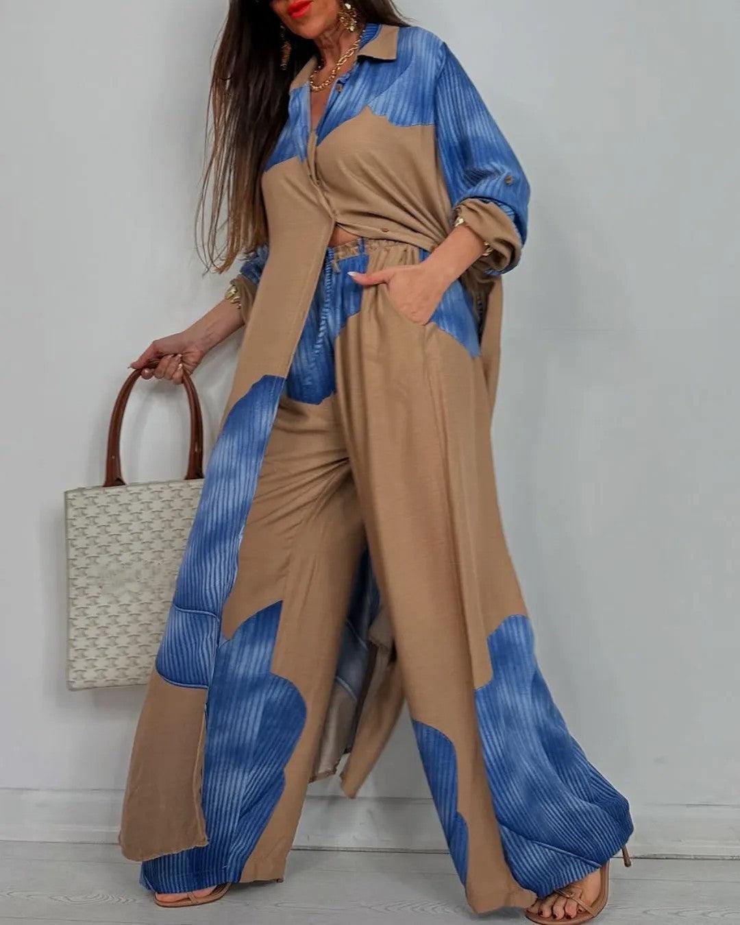 Umberta | completo camicia lunga e pantalone a blocchi di colore, Blu e Cammello