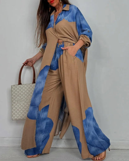 Umberta | completo camicia lunga e pantalone a blocchi di colore, Blu e Cammello