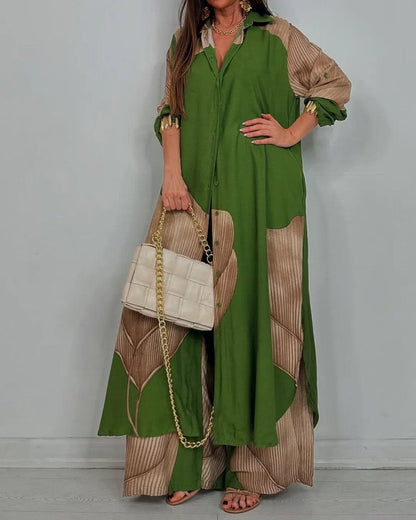 Umberta | completo camicia lunga e pantalone a blocchi di colore, Verde e Cammello