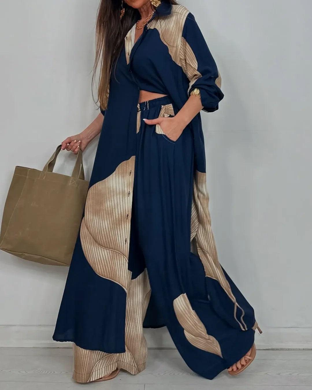 Umberta | completo camicia lunga e pantalone a blocchi di colore, Blu Navy e Cammello
