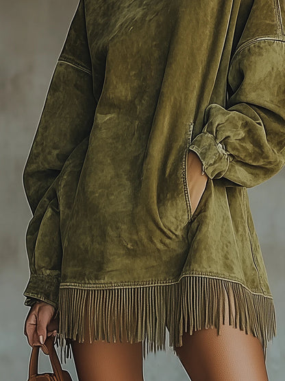 Gabrielle | Abito Effetto Suede con Collo Alto e Frange