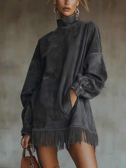 Gabrielle | Abito Effetto Suede con Collo Alto e Frange