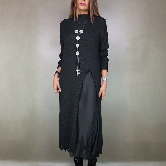 Lunetta – completo abito in maglia e sottoveste nero, vista frontale