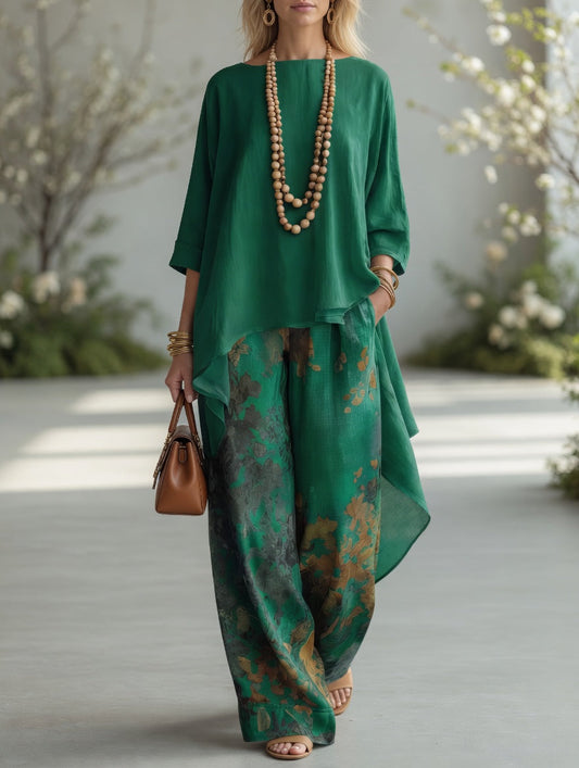 Ileana, completo tunica asimmetrica e pantalone ampio a fiori acquerello, verde smeraldo