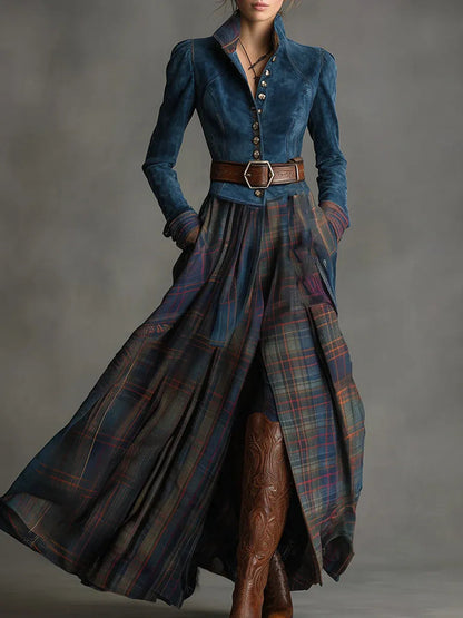 Alessandra | Abito Maxi Effetto Camoscio con Colletto Alto e Gonna a Quadri, Blu