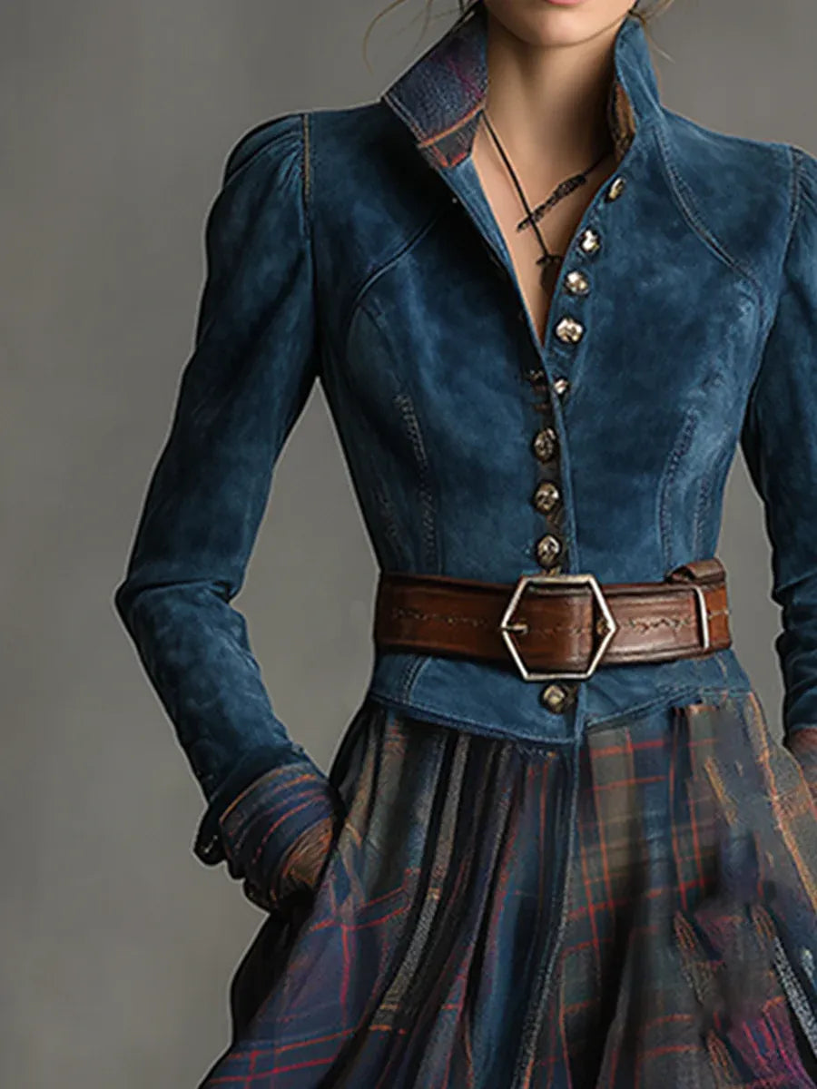 Alessandra | Abito Maxi Effetto Camoscio con Colletto Alto e Gonna a Quadri, Blu