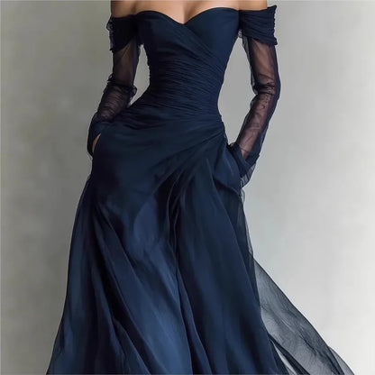Eleonetta – abito lungo blu navy, dettaglio corpetto drappeggiato e maniche in rete