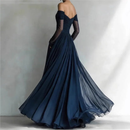 Anastasia | Abito Maxi Spalle Scoperte con Maniche Trasparenti, Blu