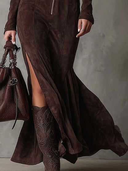 Marceline | Abito Lungo Effetto Suede con Zip e Cintura, Marrone
