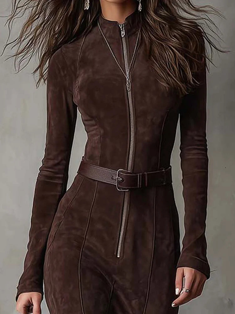 Marceline | Abito Lungo Effetto Suede con Zip e Cintura, Marrone