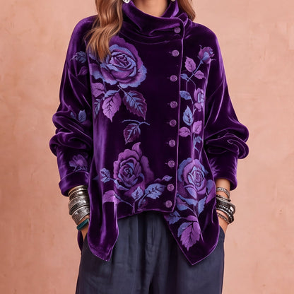 Roxane | Top in Velluto Viola con Rose e Collo Asimmetrico