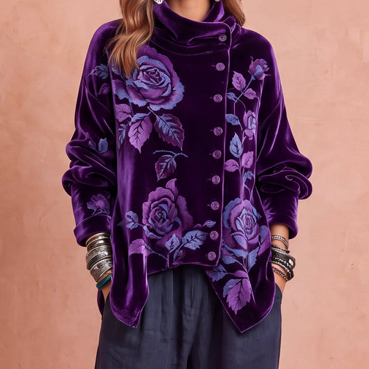 Roxane | Top in Velluto Viola con Rose e Collo Asimmetrico