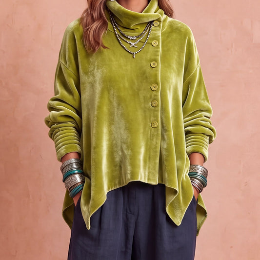 Capucine | Top in Velluto con Collo Alto e Bottoni Asimmetrici