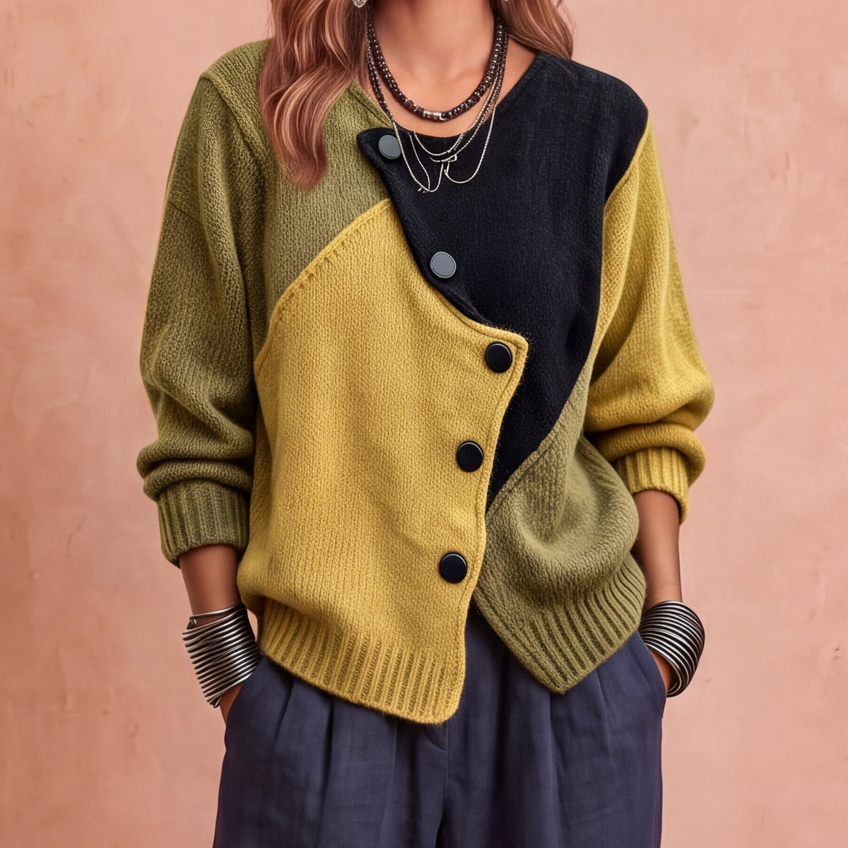 Costanza | Maglia Color Block con Bottoni Diagonali