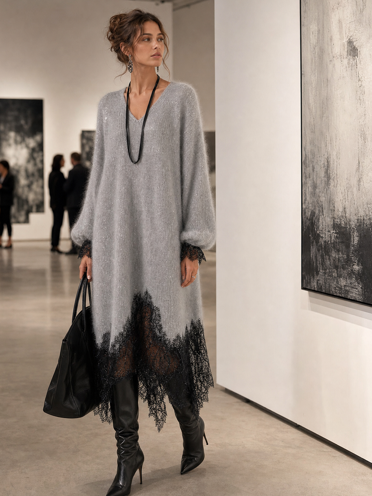 Solange | Abito Midi in Maglia con Scollo a V e Orlo in Pizzo