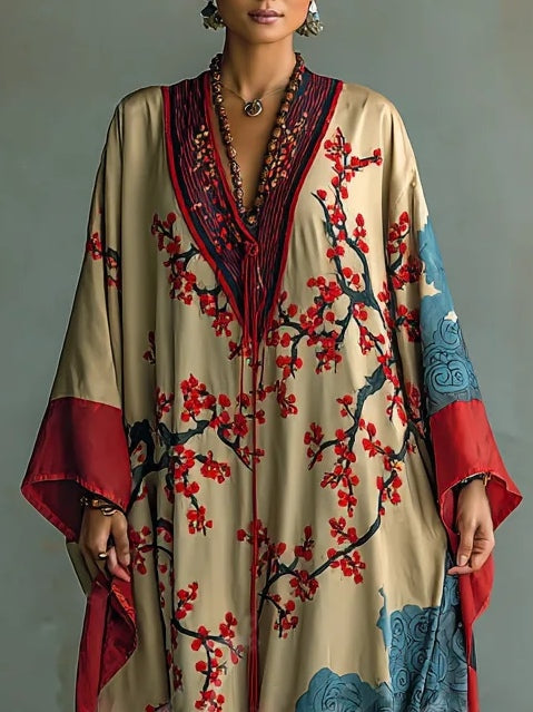 Lisandra | Abito Maxi con Stampa Floreale e Maniche a Pipistrello, Rosso
